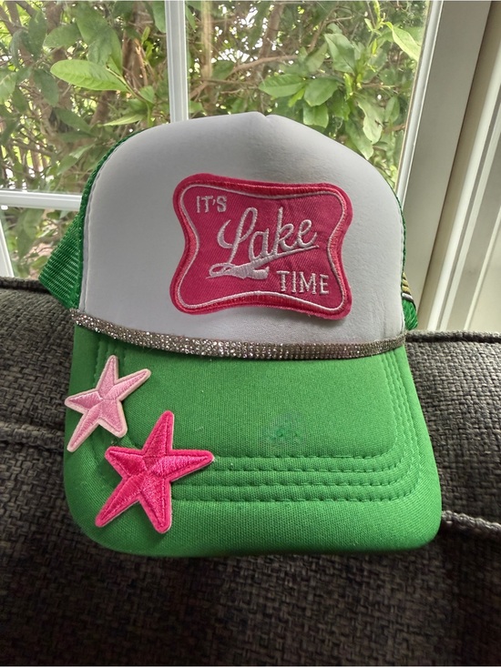 None Accessories - It's Lake Time Green & White Trucker Hat with Pink Accents New!